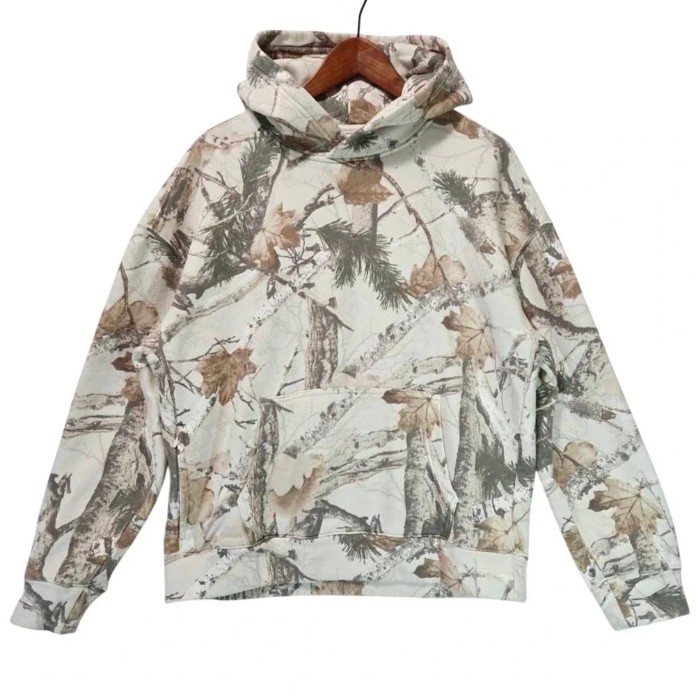 Hollister Boxy Fit Real Tree Fleece Hoodie Mens M Camo Sweatshirt Cream Y2K Zip - Picture 1 of 15